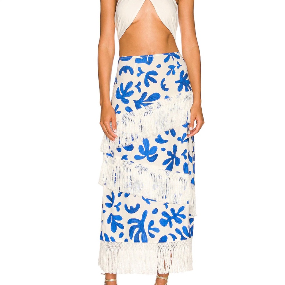 NWT - WeWoreWhat Linen Fringe Skirt in White Multi